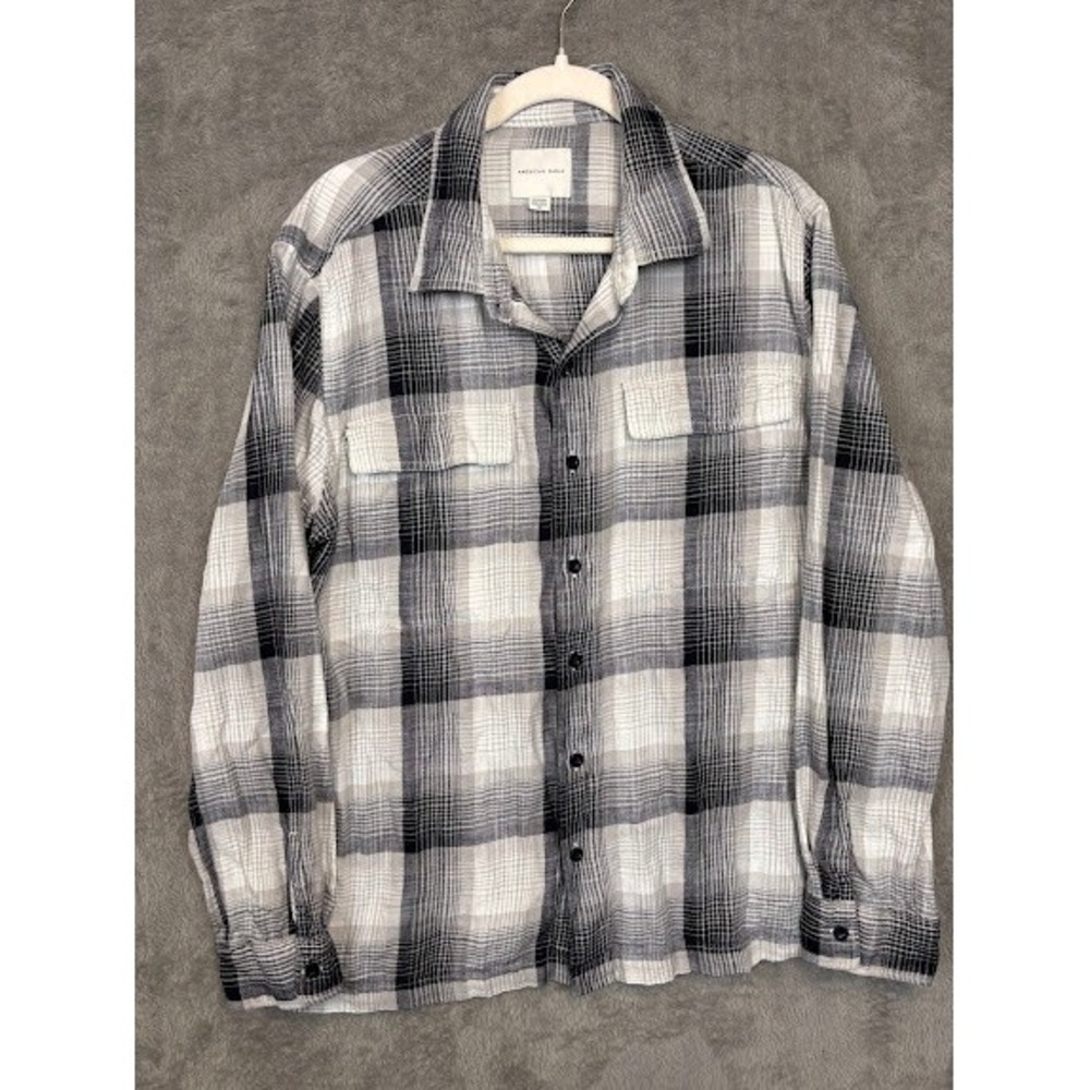 American Eagle Mens XL Plaid Flannel Shirt Black White Grey Long Sleeve Cotton